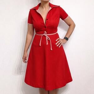 Cari Lu Red Dagger Collar Belted Fit Flare Vintage Midi Dress Sz 10